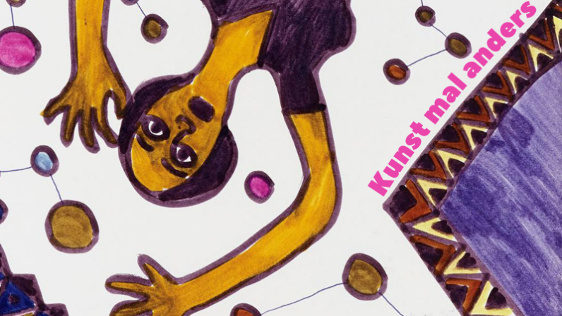 Das Bild ist ein Ausschnitt aus einem Gemälde der Künstlerin Adelheid Duvanel. Aber das Gemälde steht auf dem Kopf. Es zeigt eine Frau mit erhobenen Armen und offenem Mund. Sie wirkt erschrocken und auch ein Bisschen zerbrechlich. Es ist mit Filzstift gemalt, die Hauptfarben sind verschiedene Töne von Violett. Mit pinker Schrift steht auf dem Bild "Kunst mal anders" geschrieben.